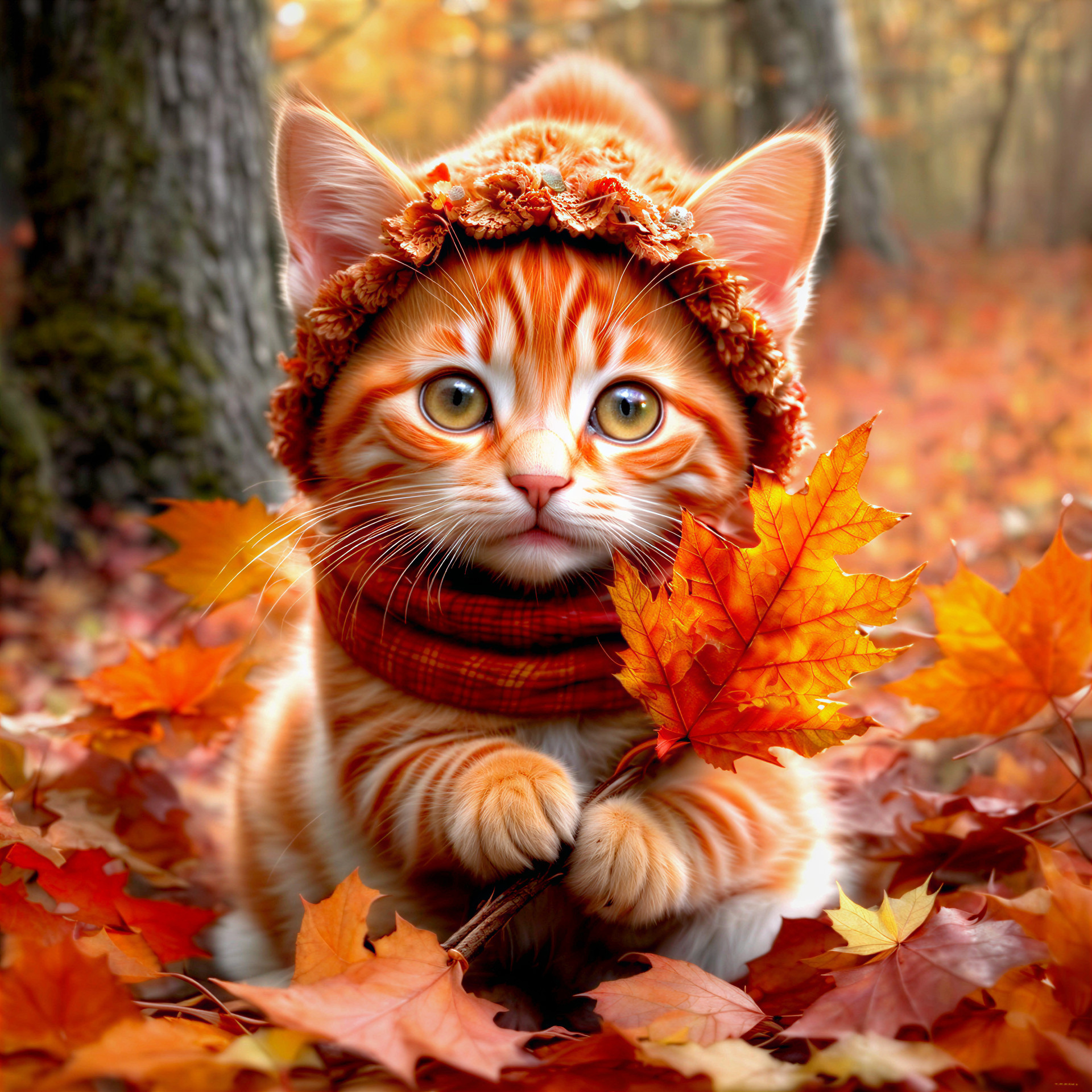 Orange Tabby Cat in Autumn Leaves and Cozy Attire