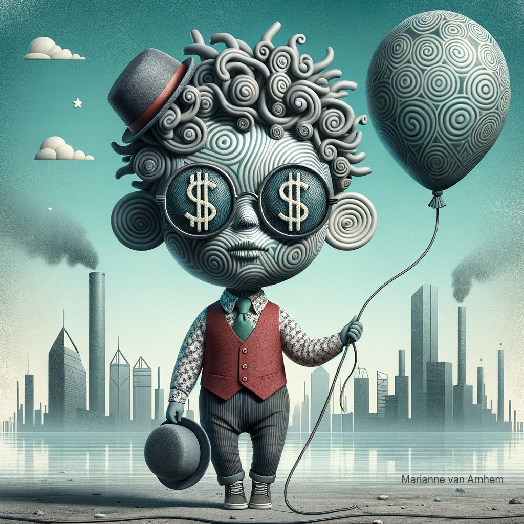 Whimsical Character in Cityscape with Dollar Sign Balloon