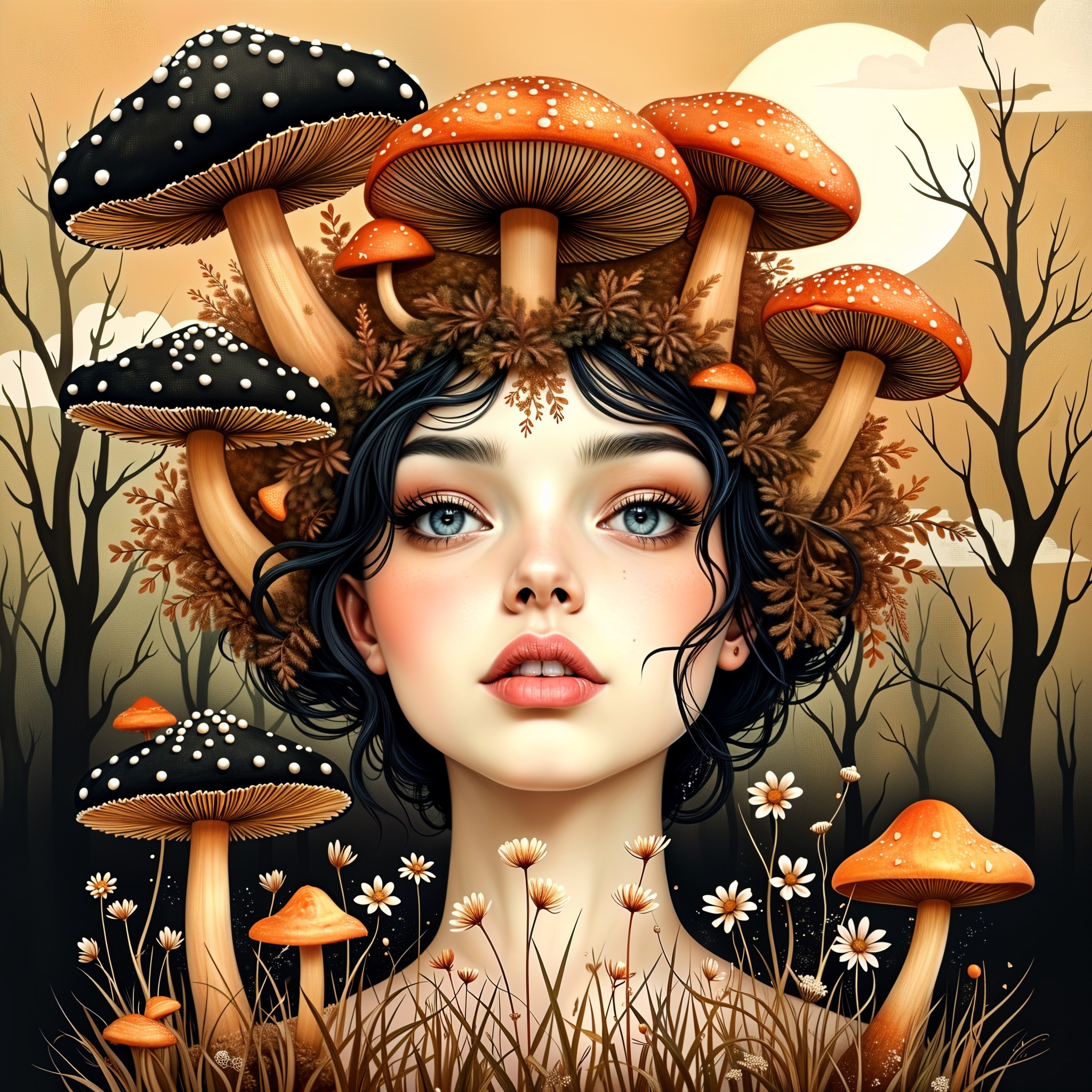 Young woman with mushroom crown in mystical landscape