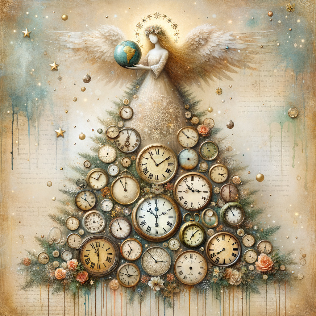 Vintage Clock Christmas Tree with Angel and Stars