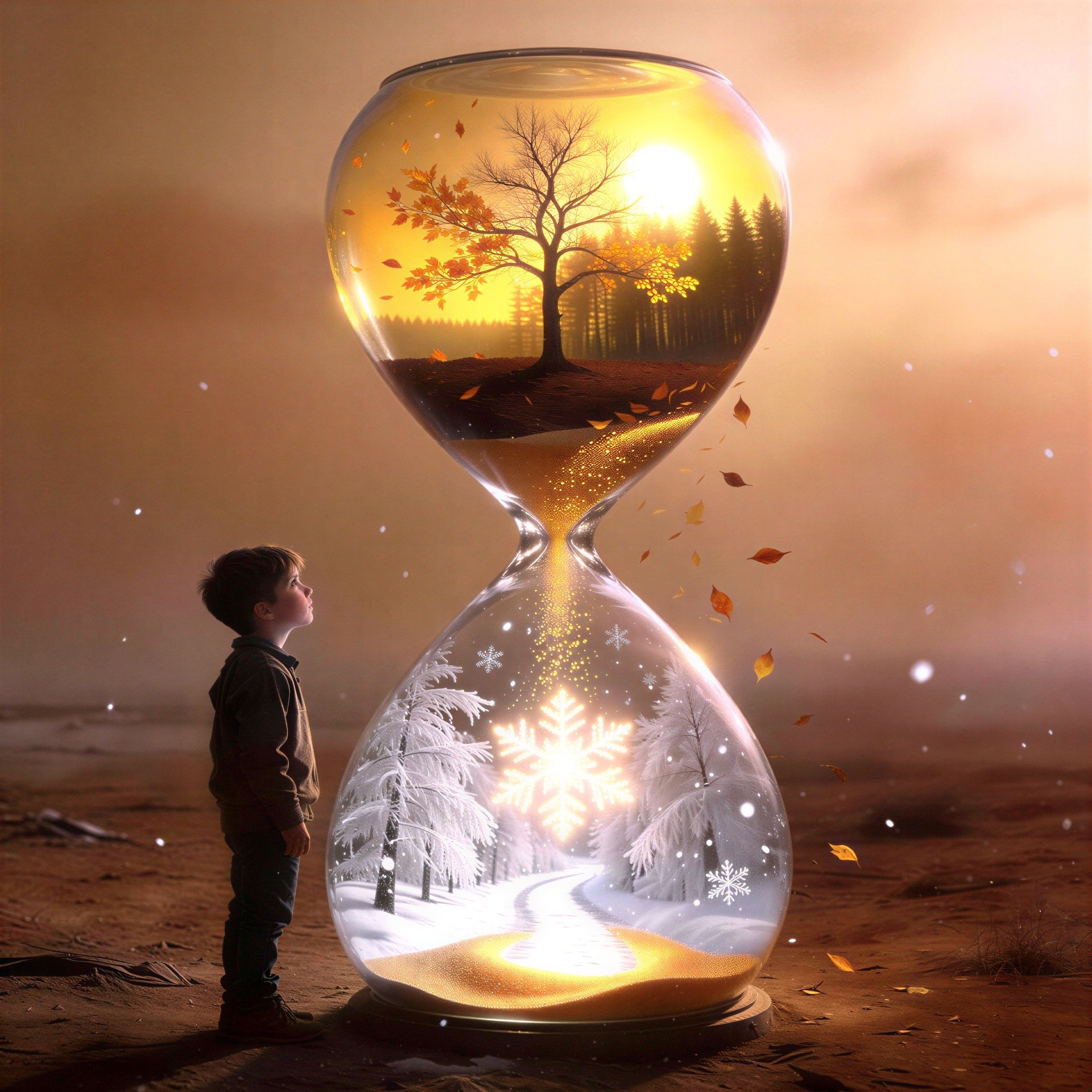 Young boy gazes at giant hourglass in contrasting landscapes