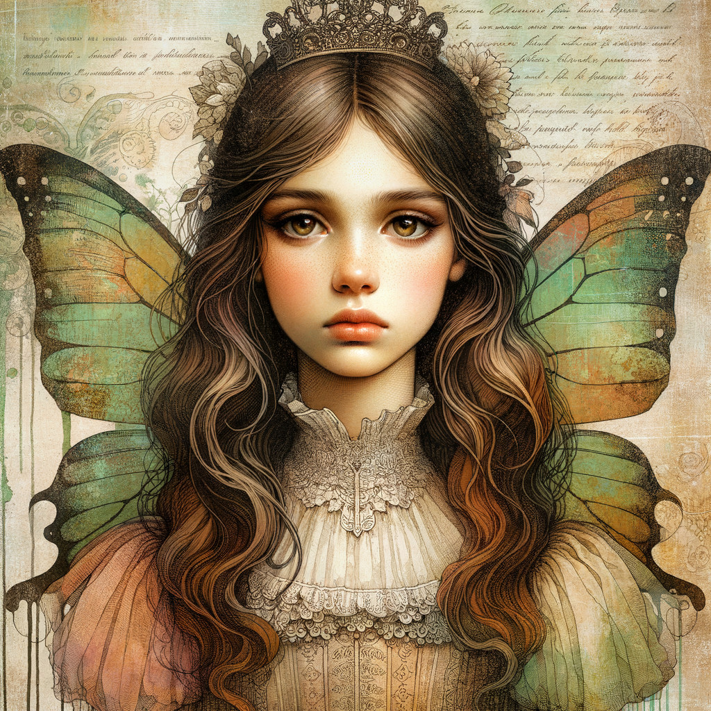 Young girl with crown and butterfly wings in fantasy setting