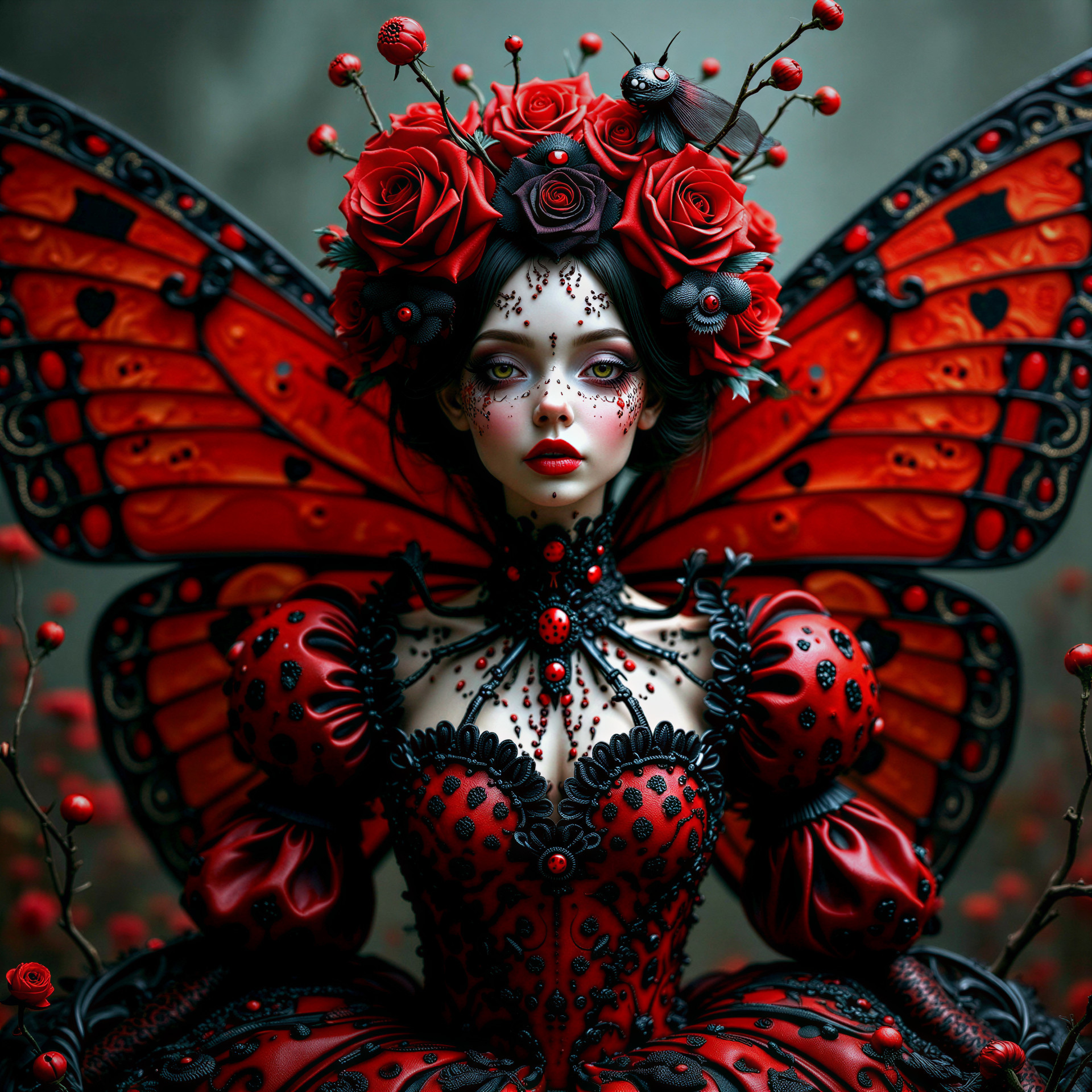 Dramatic Red and Black Gown with Butterfly Wings