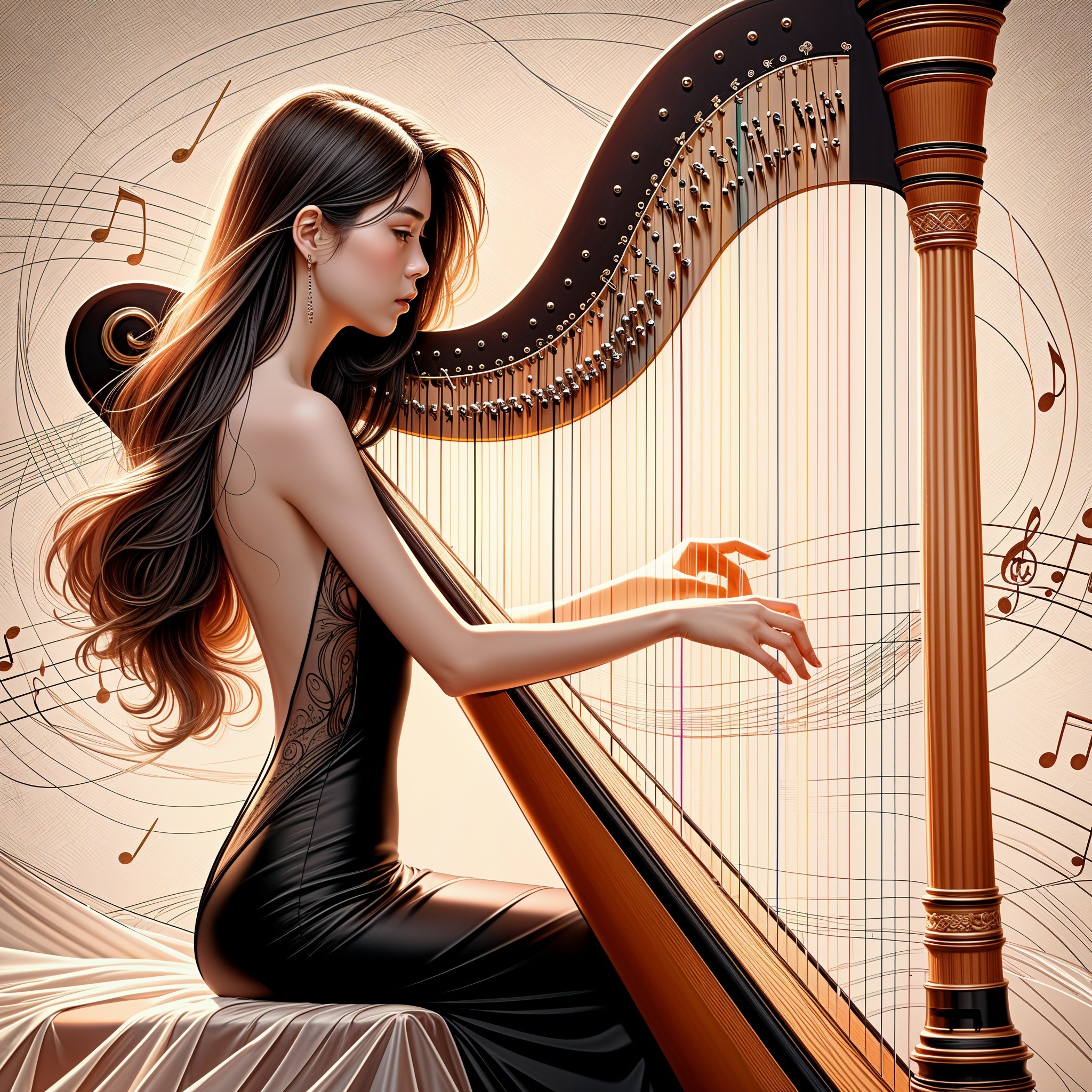 Elegant Woman Playing Harp in Soft Lighting