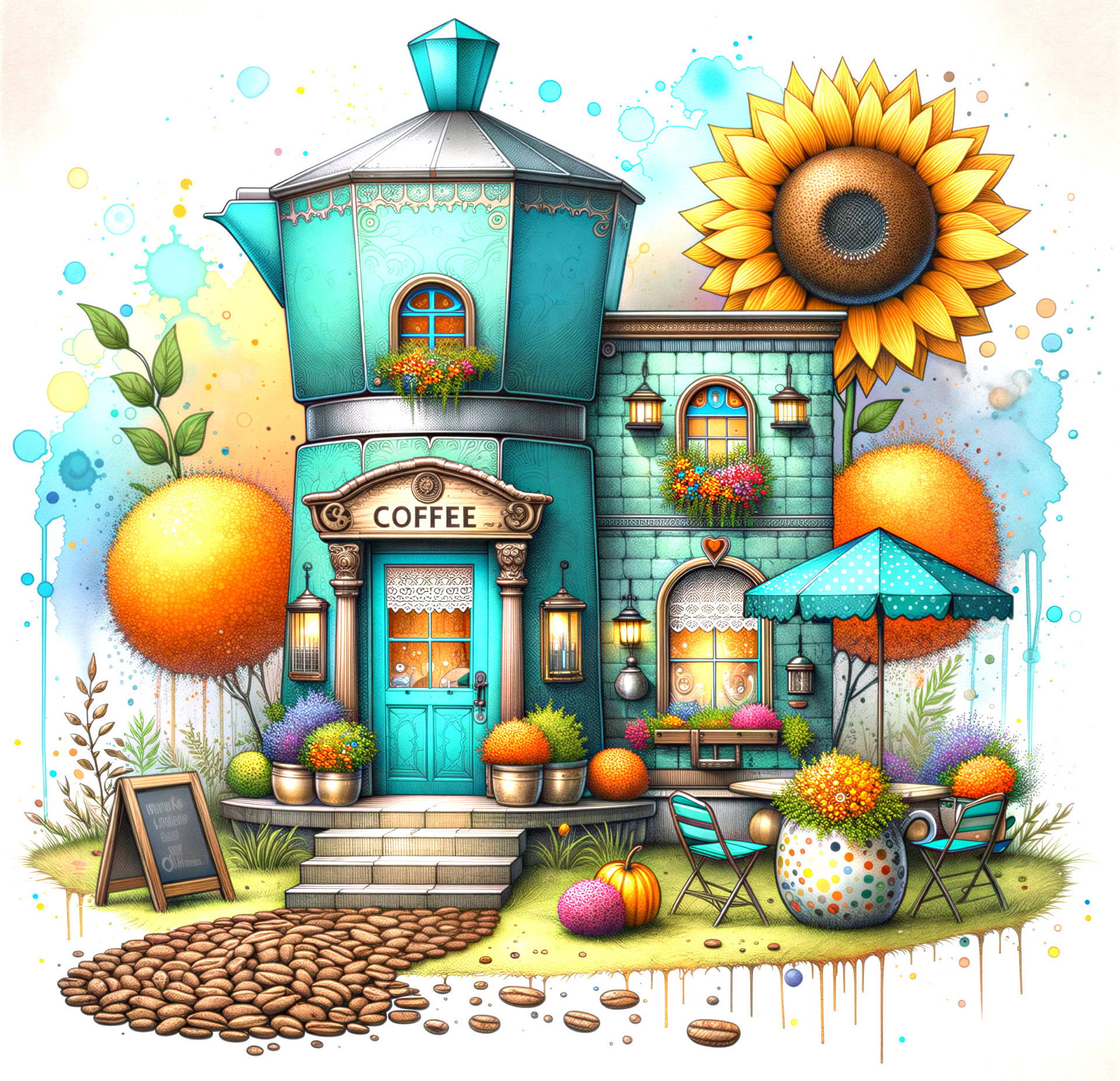 Whimsical Coffee Shop with Turquoise Exterior and Decor