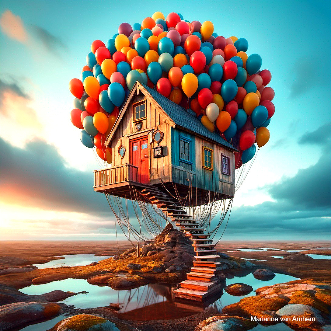 Whimsical House on Colorful Balloons Over Landscape