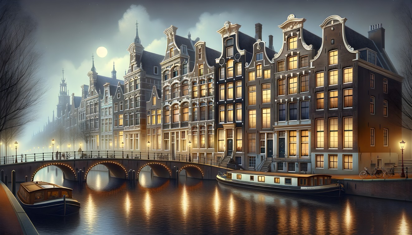 Historic canal houses, arched bridges, boat, bicycle under moonlit sky