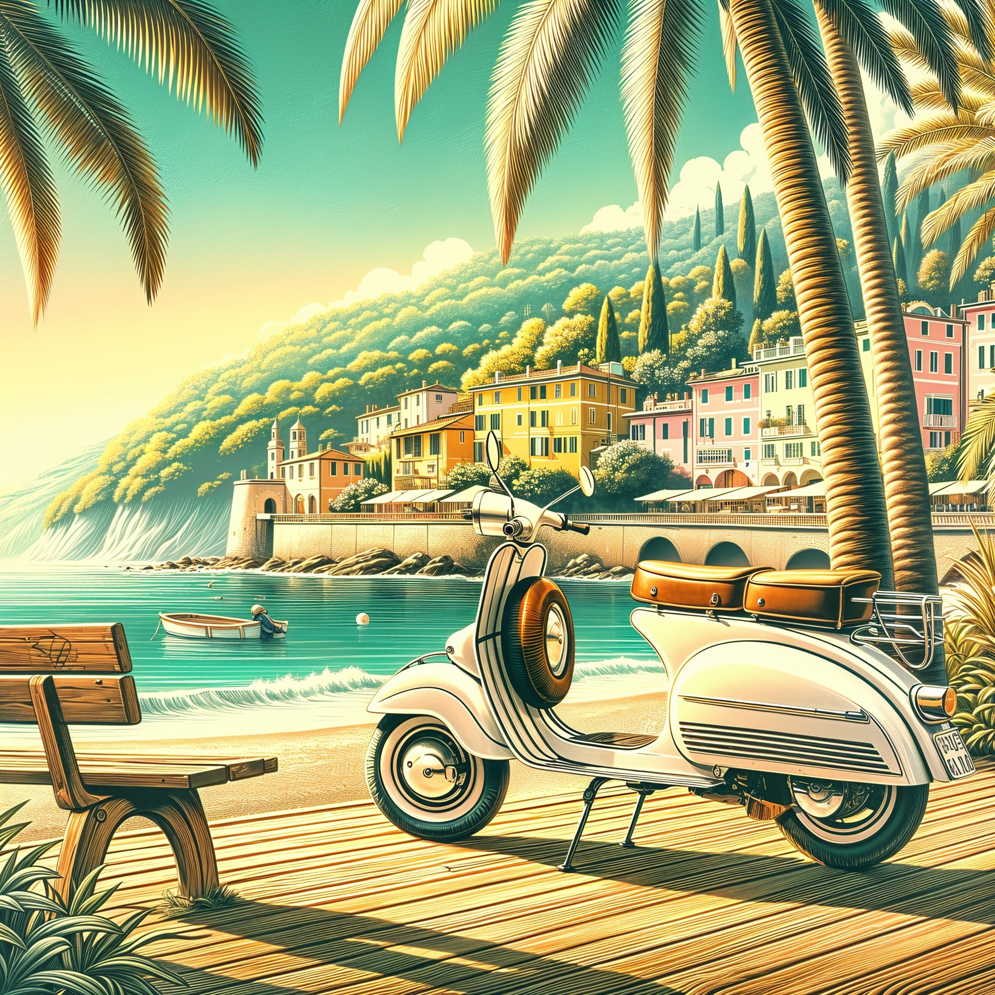 Vintage White Scooter on Palm-Lined Boardwalk