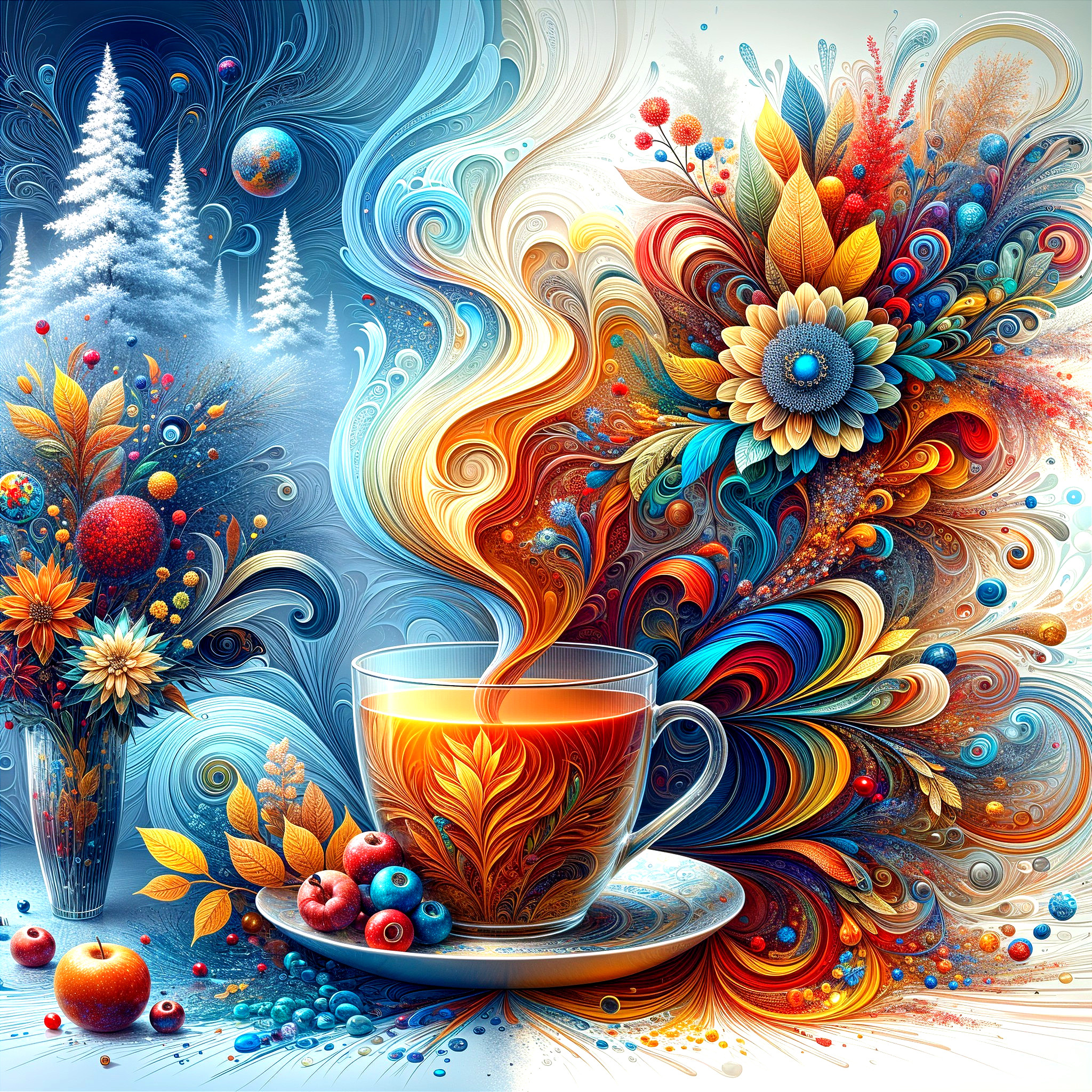 Vibrant Artwork of Tea with Seasonal Nature Elements