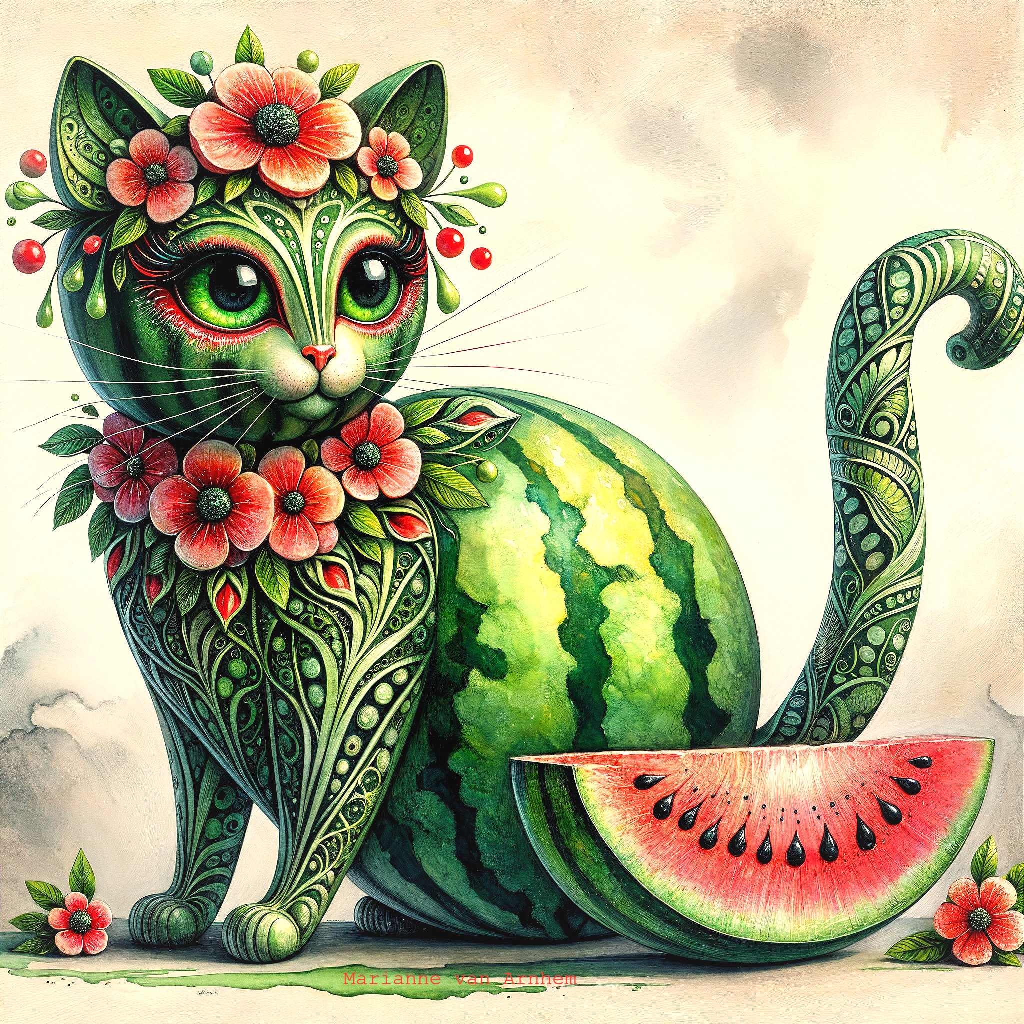 Whimsical Cat Sculpture on Watermelon Display
