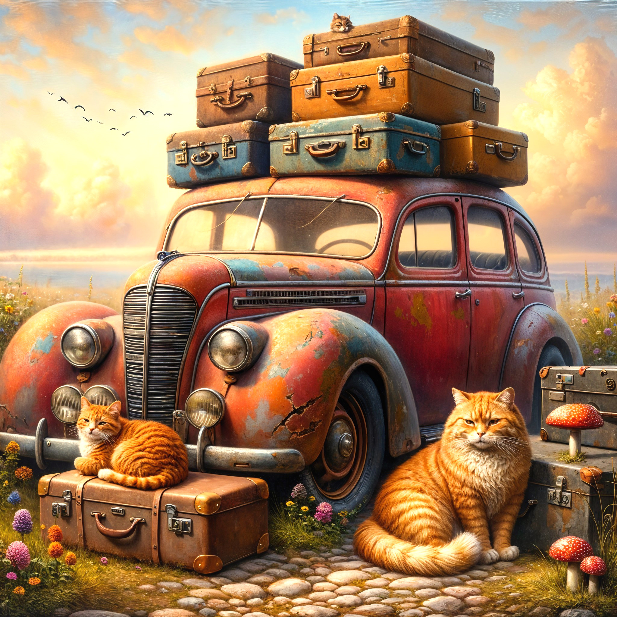 Vintage car with suitcases and cats in sunset scene