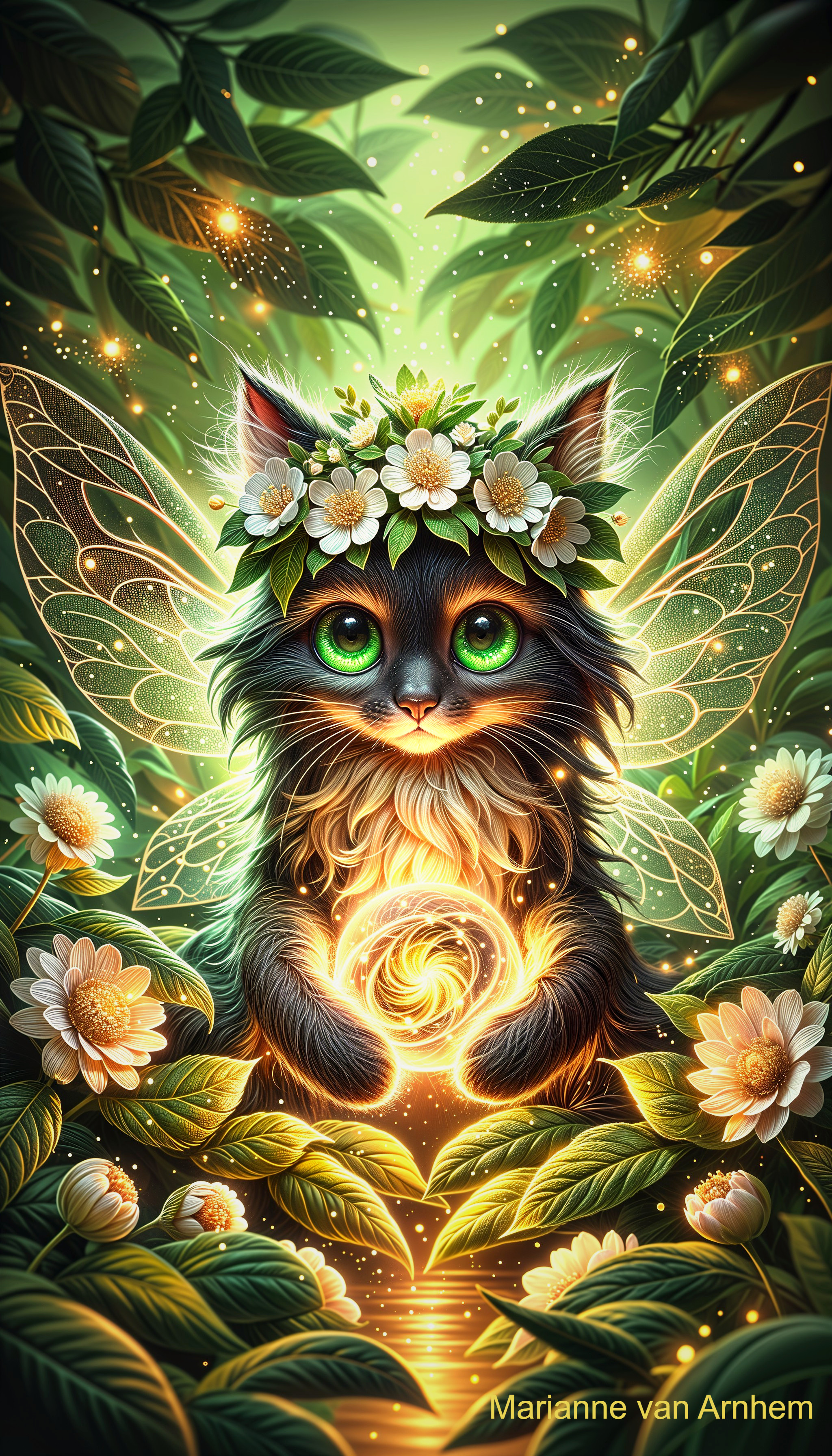 Enchanted Cat with Fairy Wings in Lush Foliage