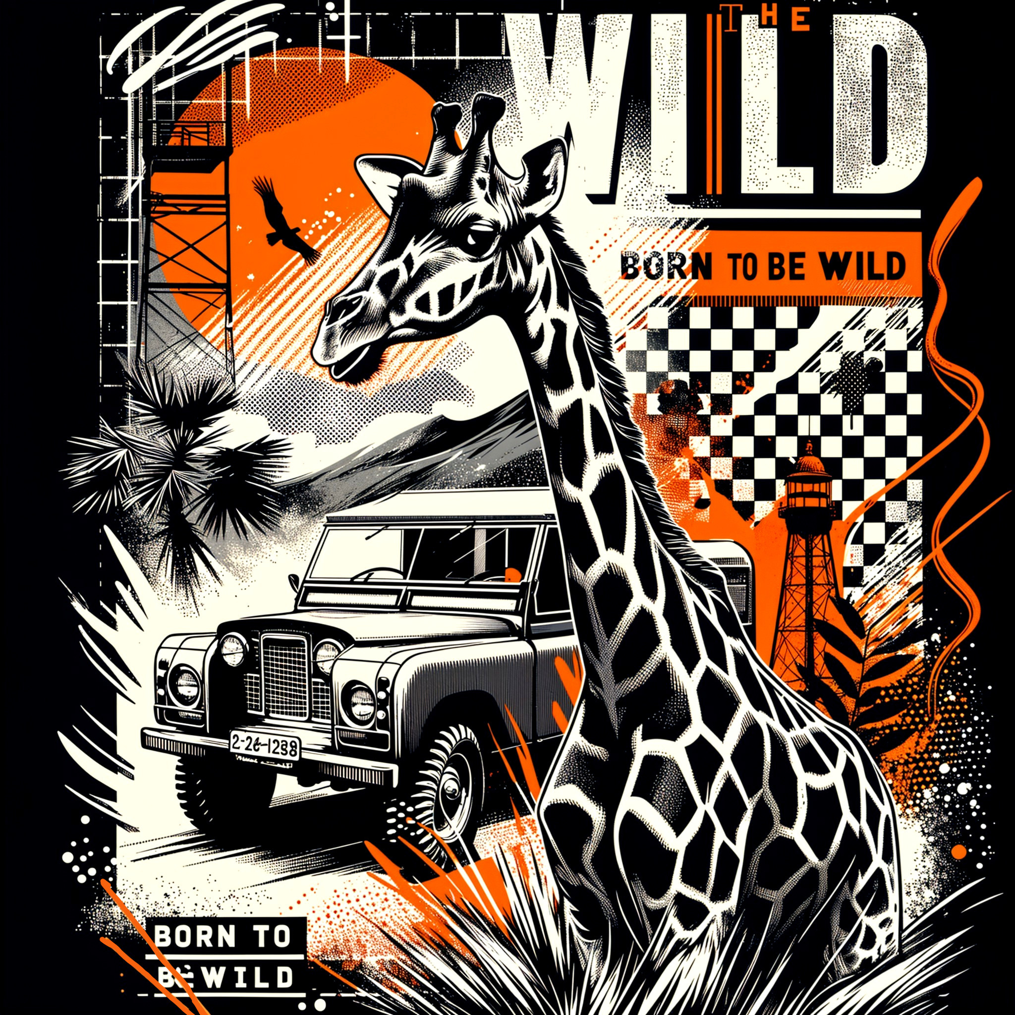 Stylized Giraffe in Wild Landscape with Off-Road Vehicle