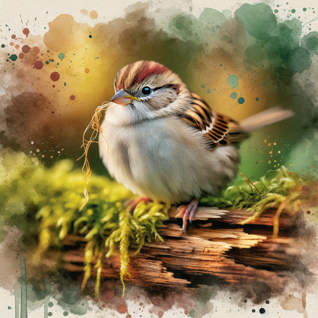 Sparrow on Mossy Log in Serene Natural Setting
