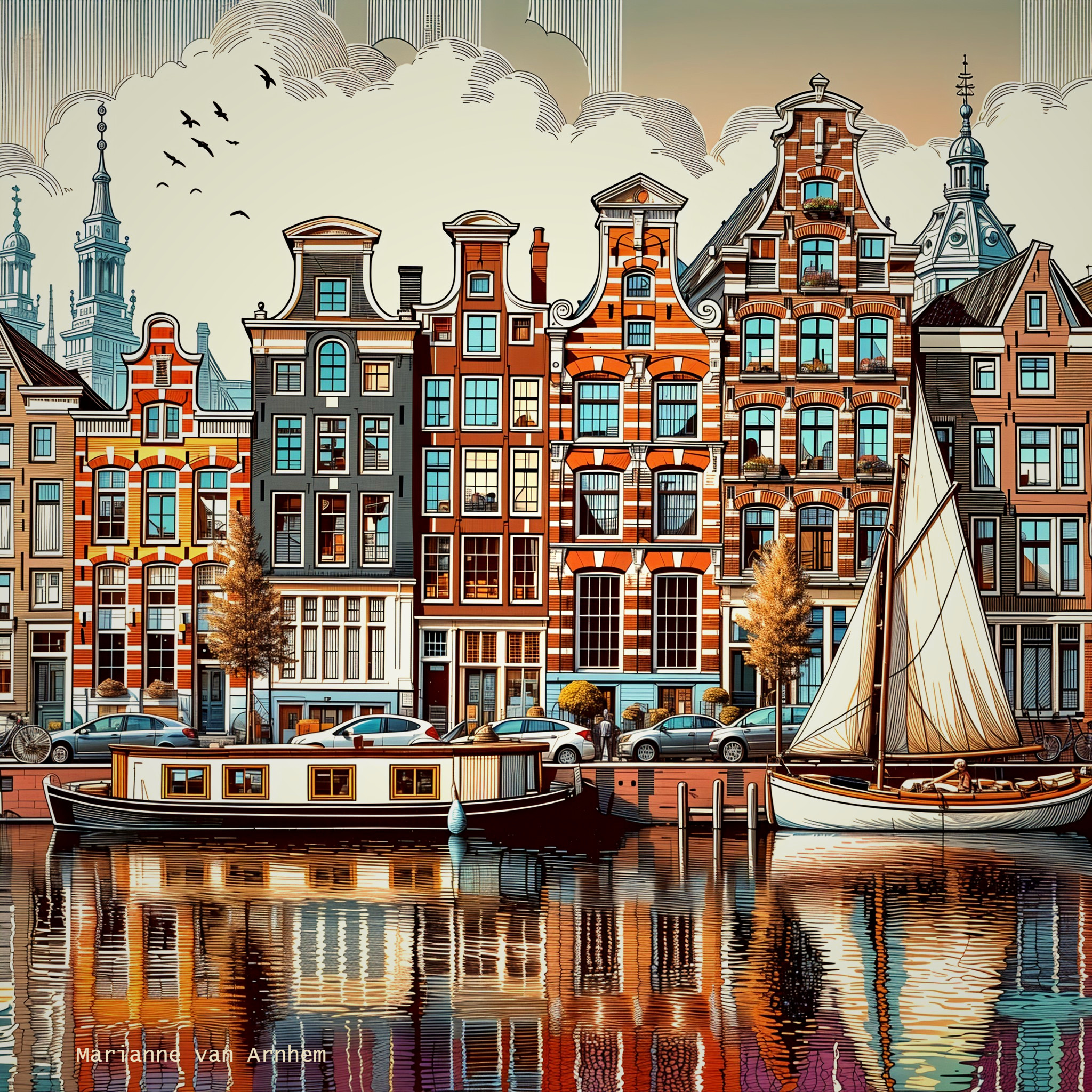 Illustration of Amsterdam's Canal Houses and Sailboat