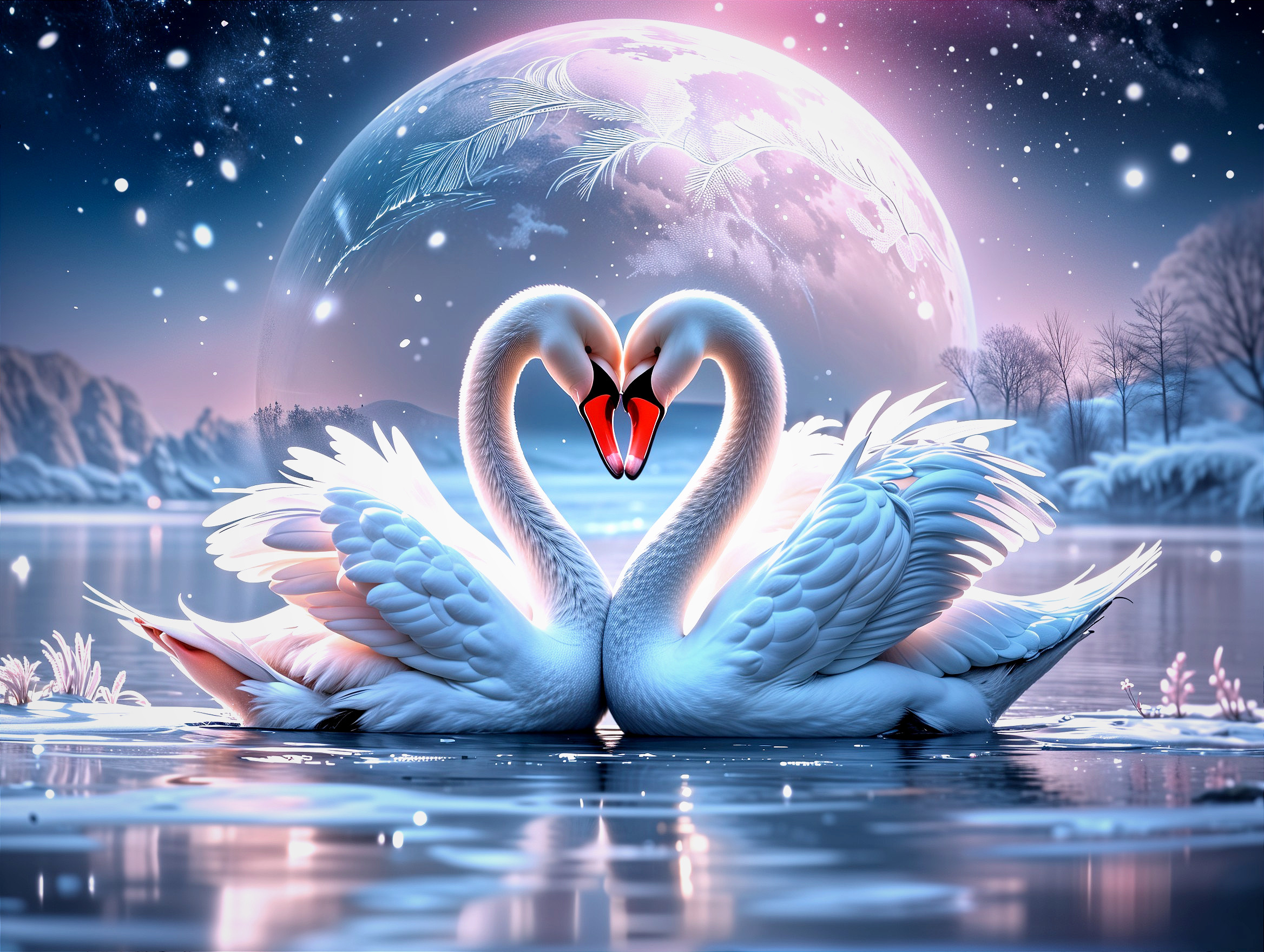 Winter Scene of Swans Forming a Heart on Icy Lake