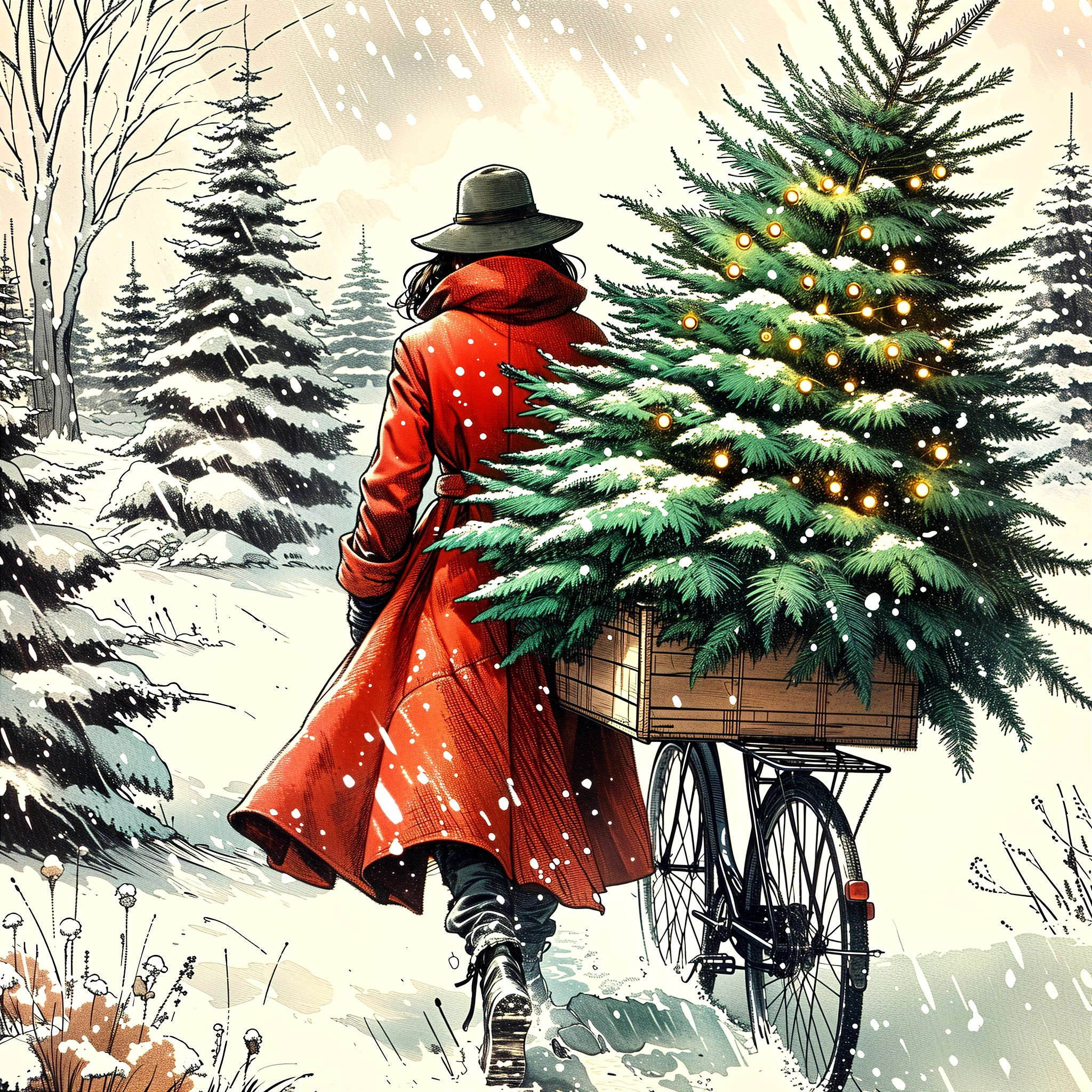 Vibrant Red Coat in Snowy Winter Landscape with Bicycle