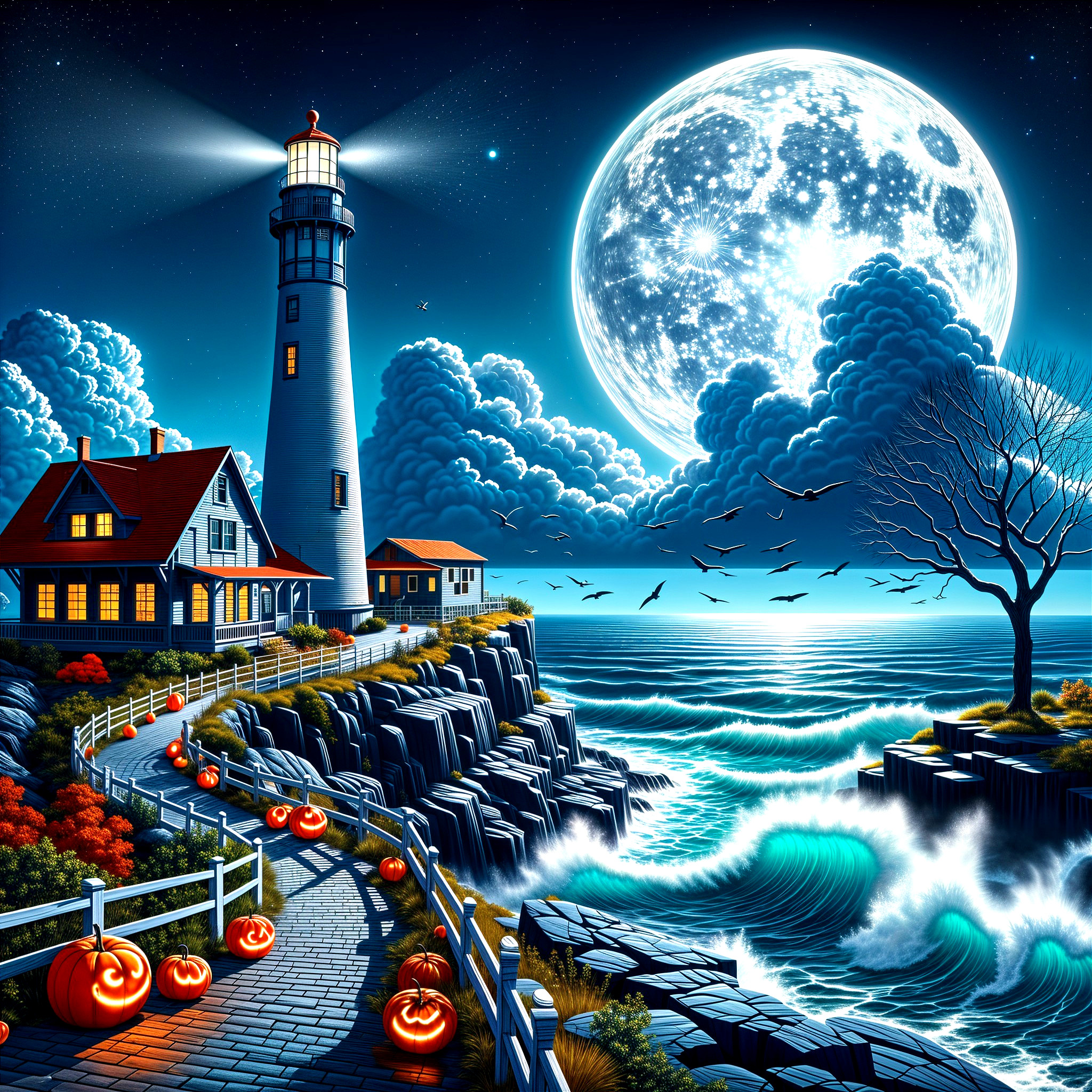 Coastal Lighthouse Scene with Halloween Atmosphere