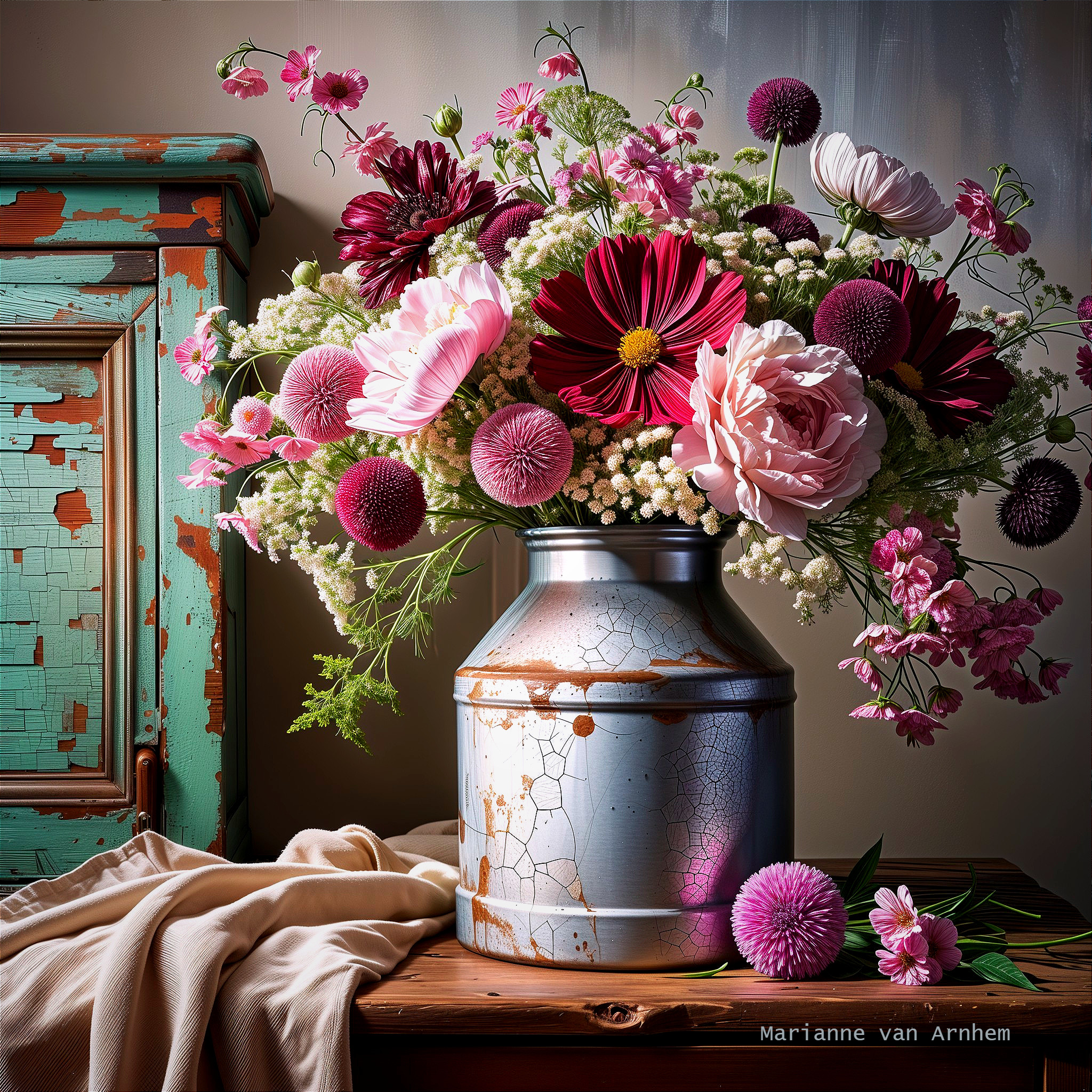 Rustic Metallic Vase with Vibrant Flower Arrangement
