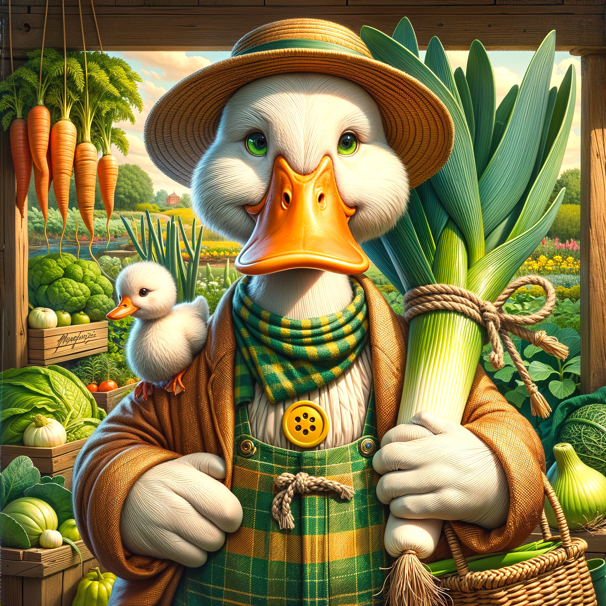 Whimsical Duck in a Colorful Vegetable Garden Setting