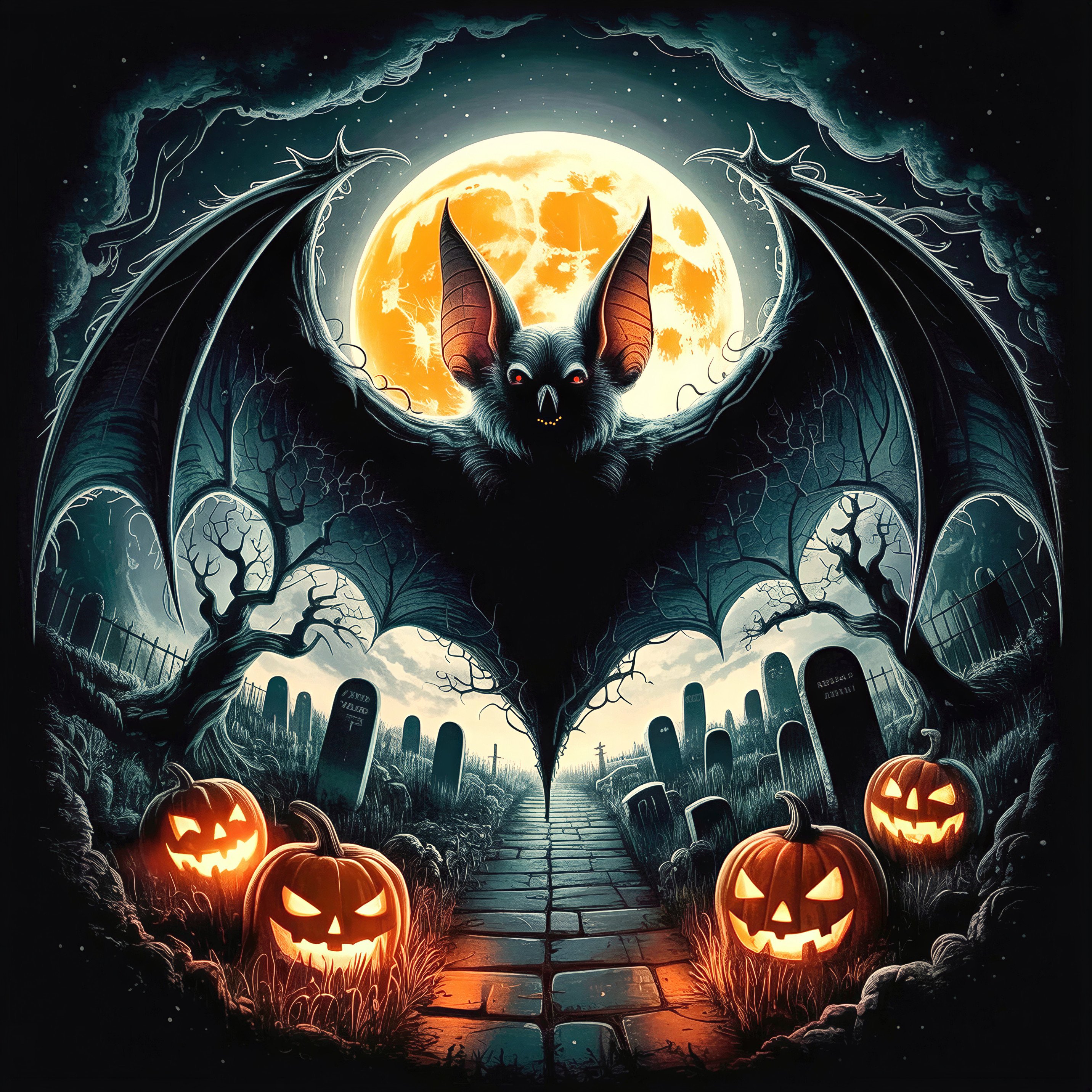 Spooky Bat Over Graveyard with Jack-o'-Lanterns