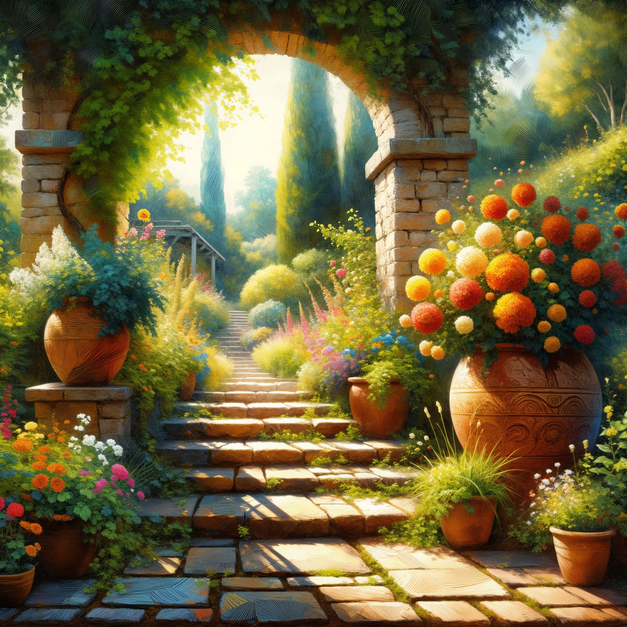 Charming Garden Scene with Stone Archway and Flowers