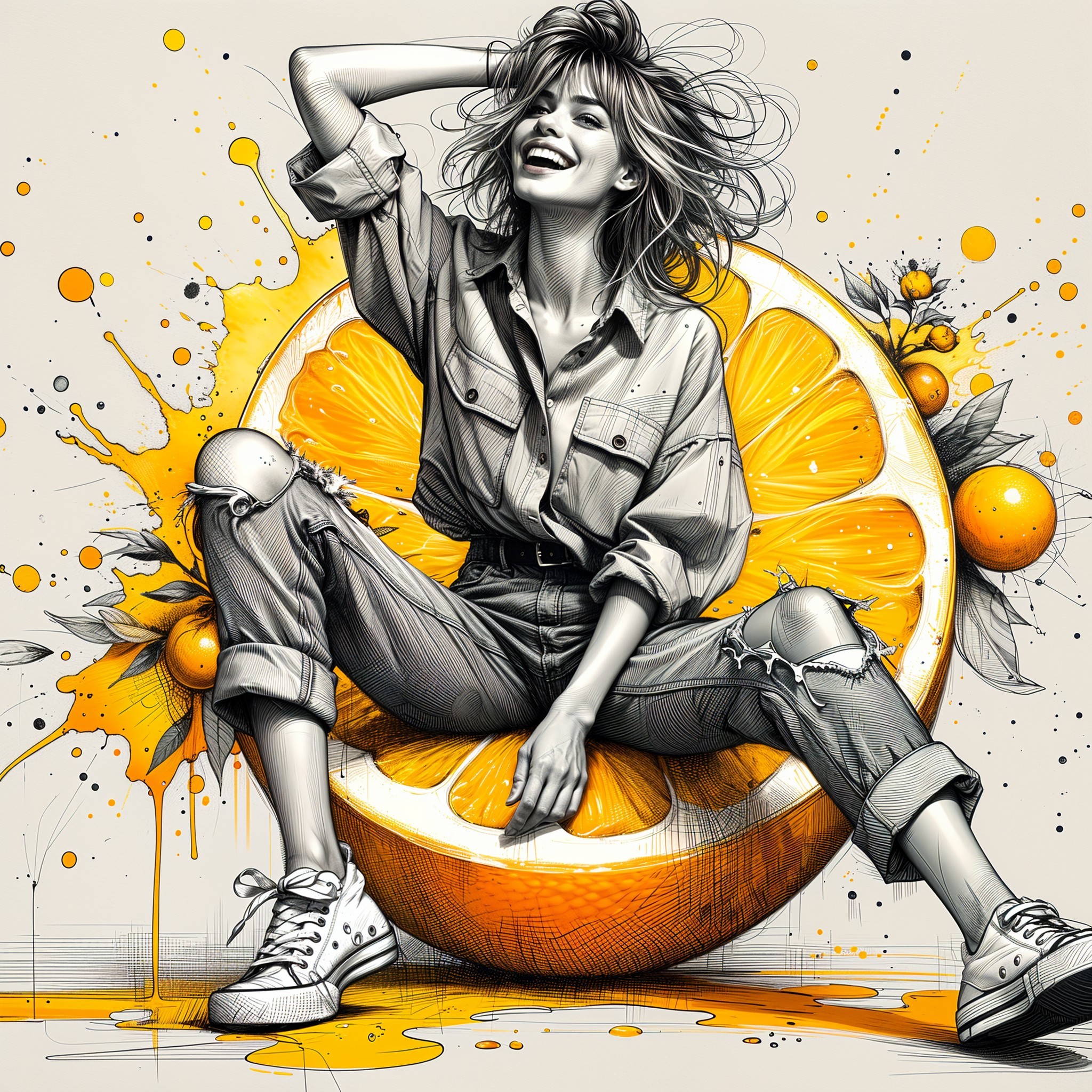 Woman in Giant Orange Slice Surrounded by Citrus Fruits