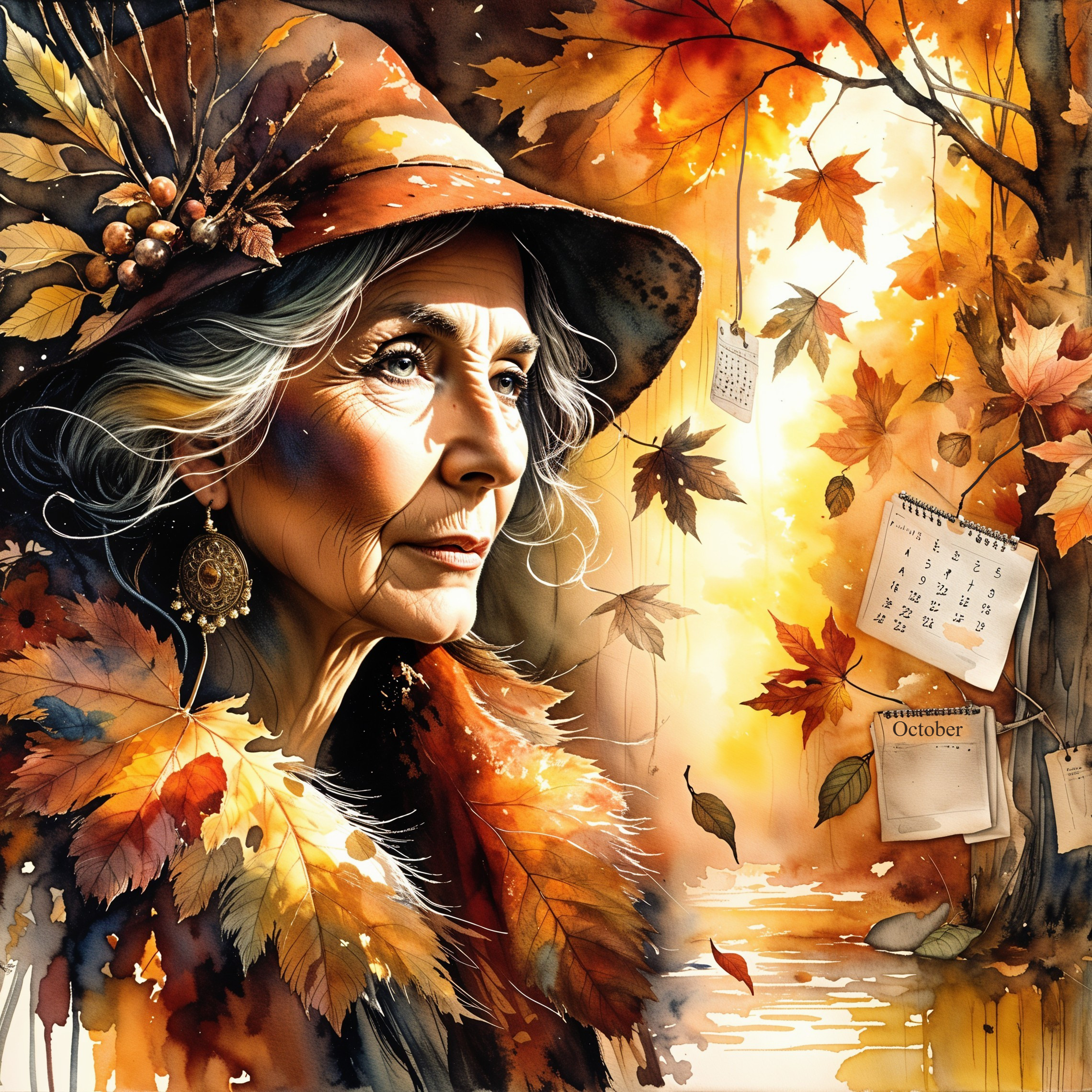 Elderly Woman in Autumn Setting with Golden Leaves
