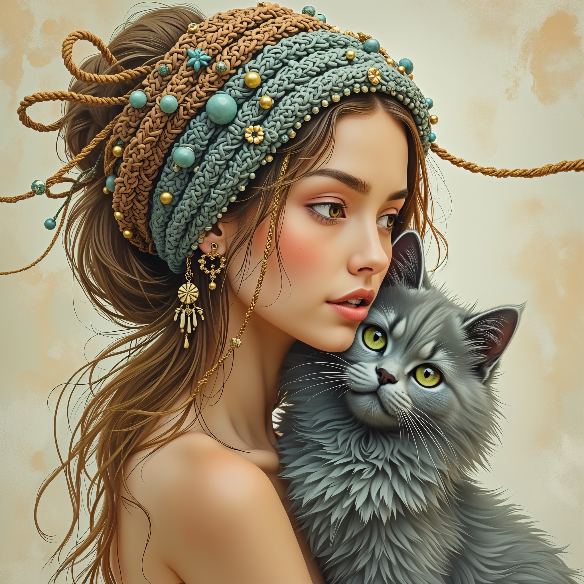 Young woman with cat in bohemian-style setting