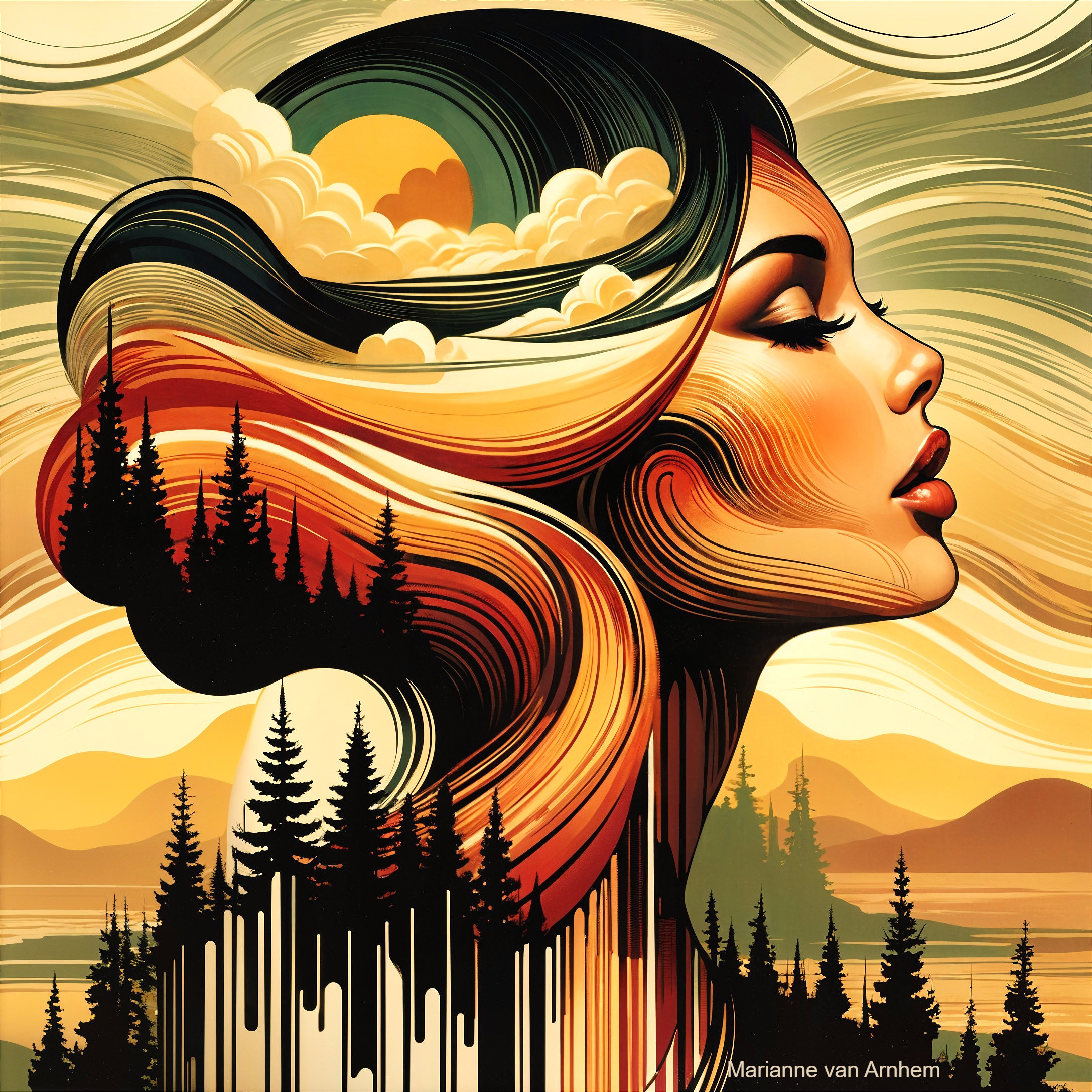 Silhouette of a woman's profile with vibrant hair design