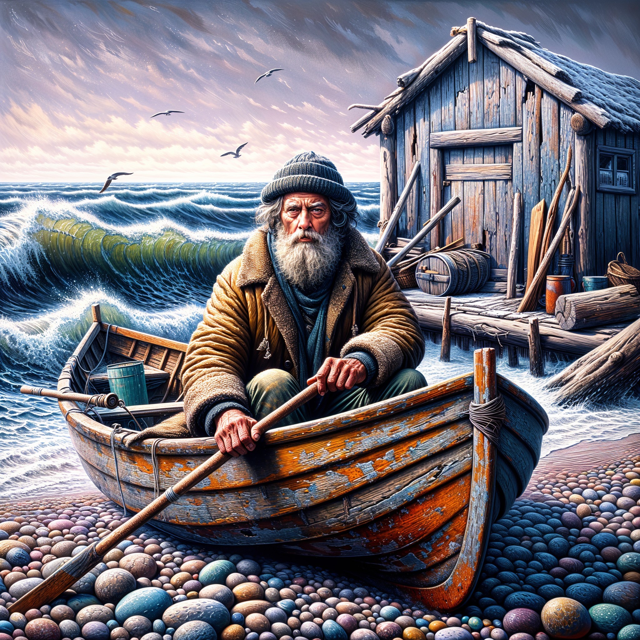 Elderly Man Rowing Boat Near Rocky Shoreline