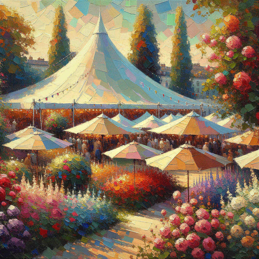 Vibrant Outdoor Event with Colorful Tent and Gardens