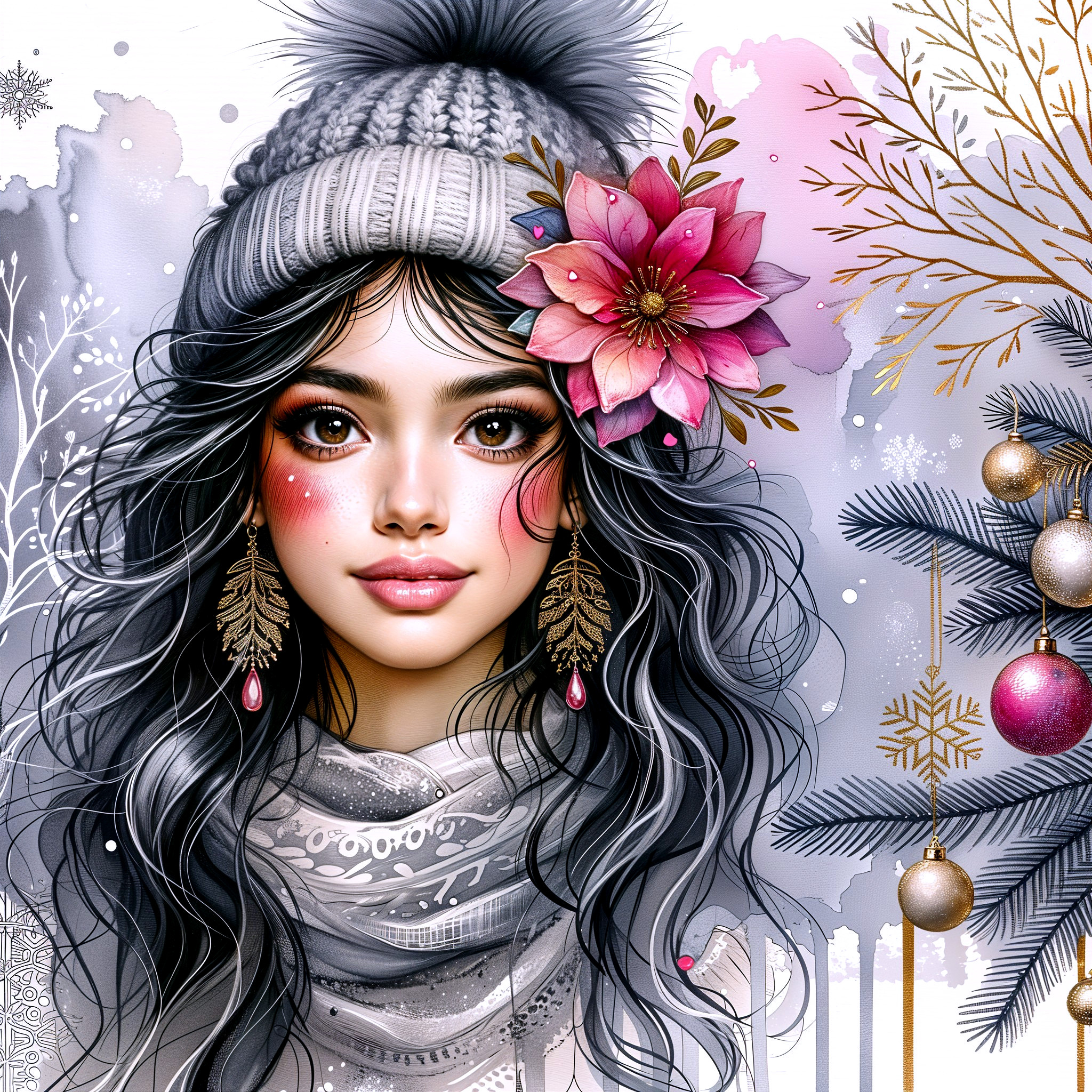 Young woman in cozy hat with festive winter backdrop