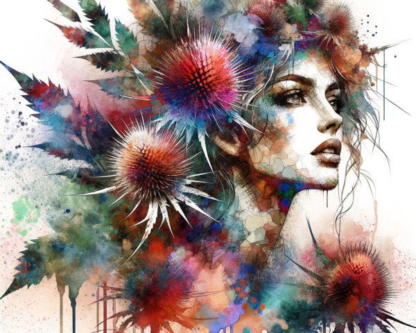 Vibrant Watercolor Illustration of Woman's Profile with Flora