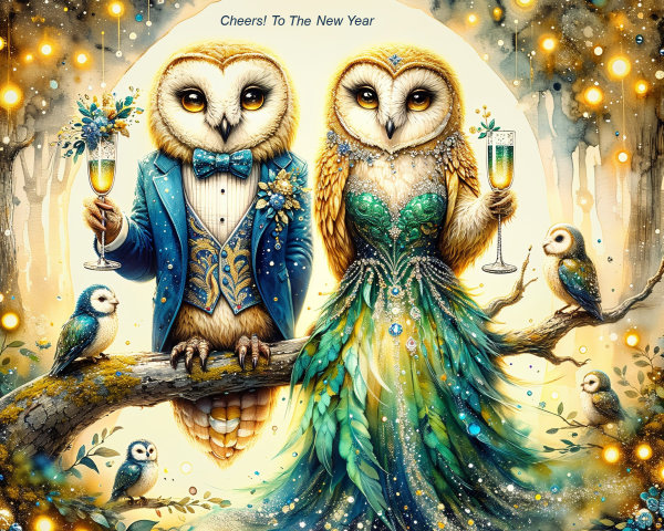 Elegant Barn Owls in Formal Attire on Tree Branch