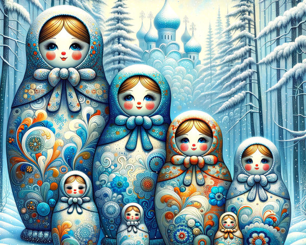 Intricate Russian Nesting Dolls in Snowy Landscape