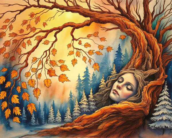 Ethereal Woman's Face Merged with Tree Trunk Art