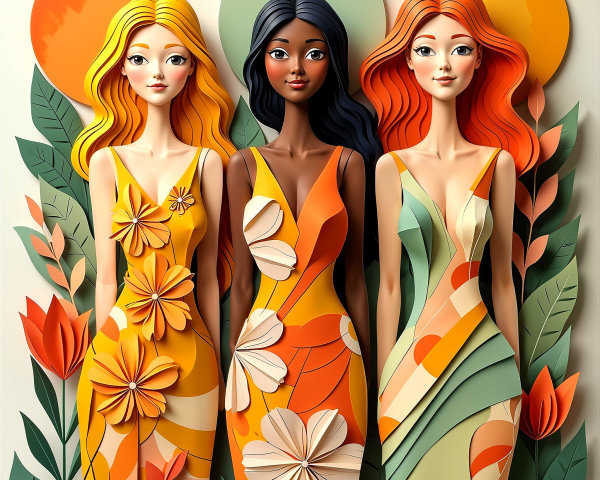 Vibrant Paper Cut Figures of Women in Patterned Dresses