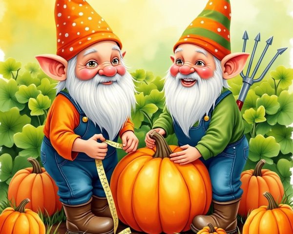 Cheerful gnomes in a vibrant autumn garden scene