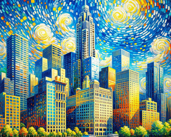 Vibrant Cityscape with Skyscrapers and Starry Sky