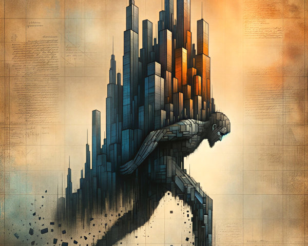 Silhouette of a figure amidst fragmented skyscrapers