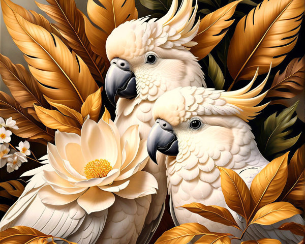 Cockatoos Among Golden Leaves and Lotus Flower