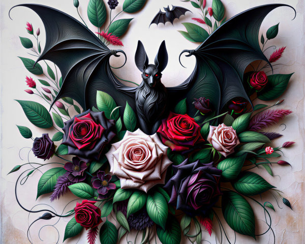 Black Bat Surrounded by Colorful Roses and Leaves
