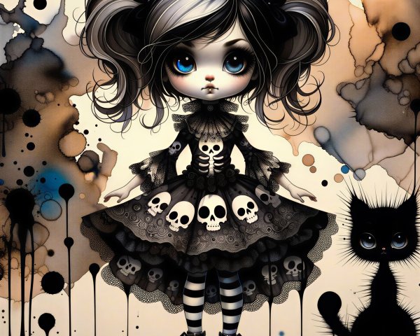 Whimsical Doll Figure with Dark Charm and Cat