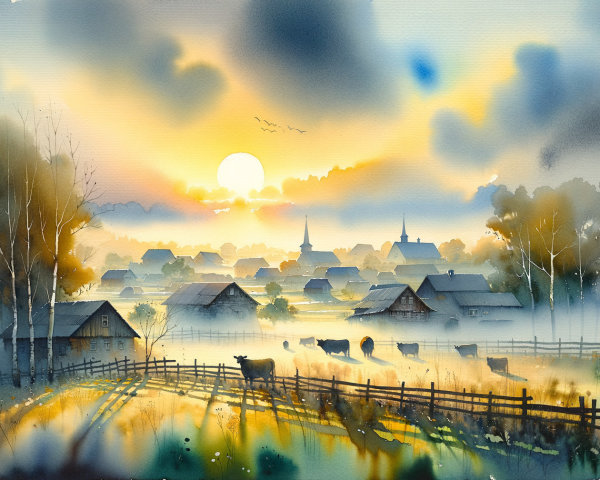 Serene Village Landscape at Sunrise with Pastel Hues
