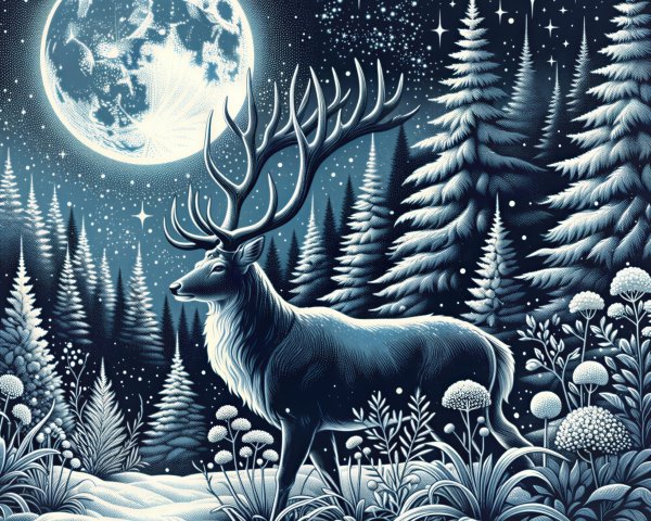Majestic stag in serene winter landscape under moonlight