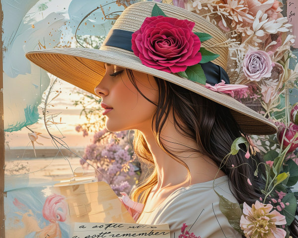 Young Woman in Straw Hat Surrounded by Florals