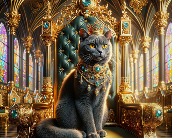 Regal Gray Cat on Golden Throne in Opulent Palace