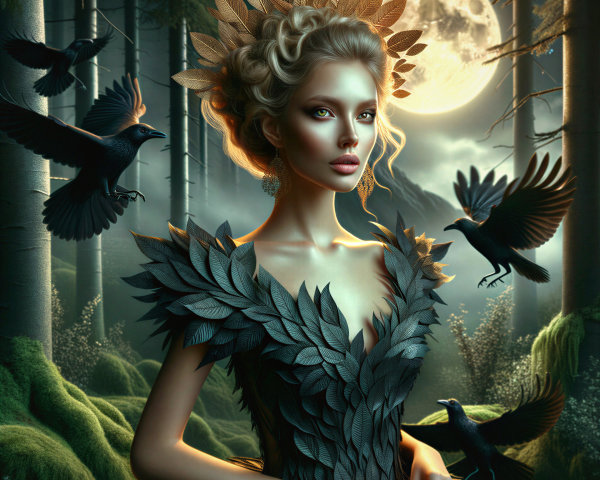 Mystical Figure in Enchanting Forest with Moonlight