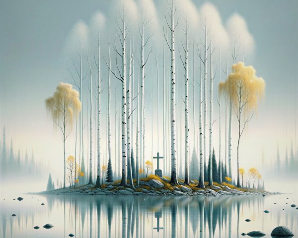 Serene Landscape with White Trees and Calm Water